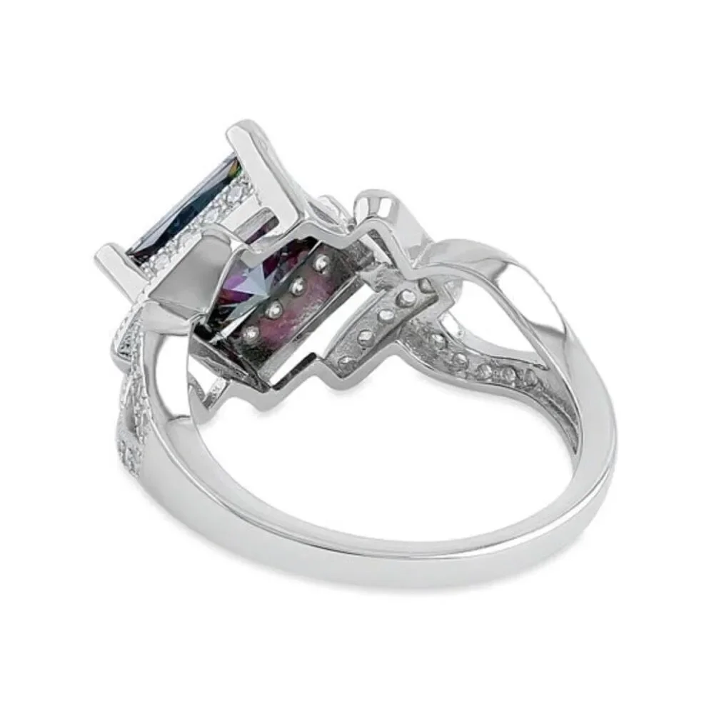 New Sterling Silver Large Mystic Topaz Princess Pave Ring